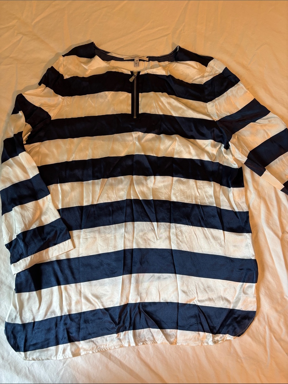 Gerard Darel Navy and White Silk Top with Front Zip